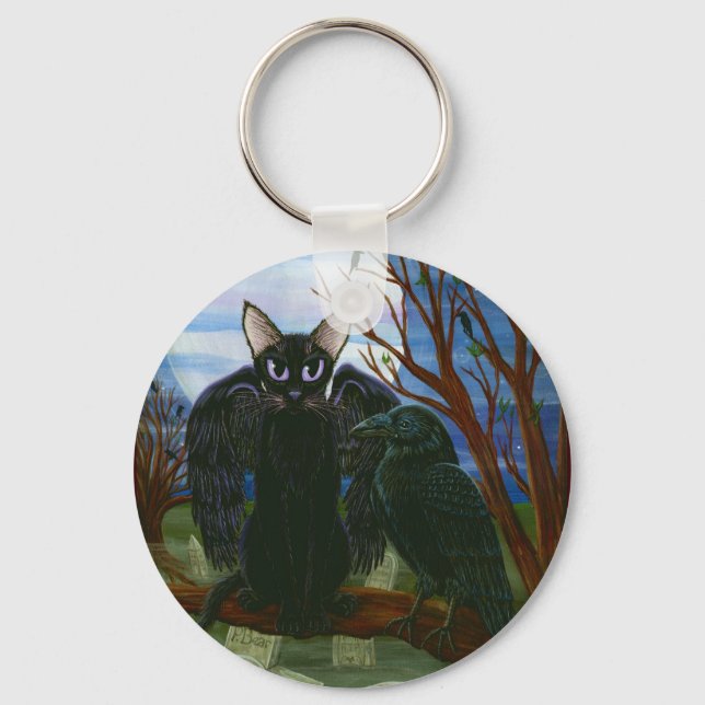 Raven's Moon Black Cat Crow Gothic Art Schlüsselan Schlüsselanhänger (Vorderseite)