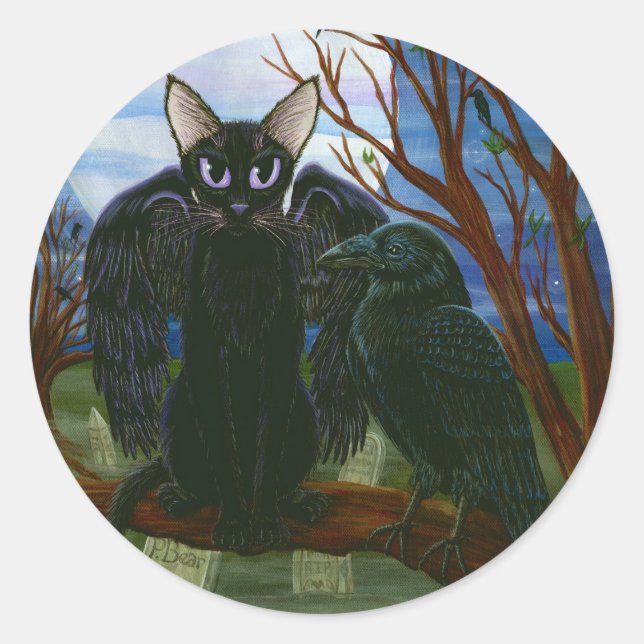 Raven's Moon Black Cat Crow Gothic Fantasy Sticker (Vorderseite)