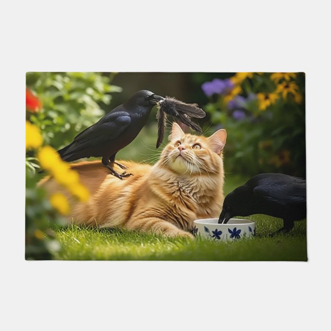 Ravens spielen mit Katzen-Federn Fußmatte (Vorderseite)