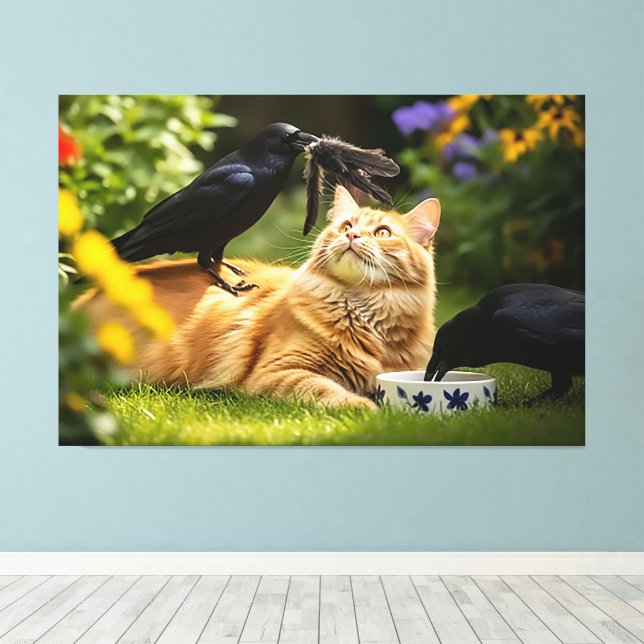 Ravens spielen mit Katzen-Federn Leinwanddruck (Insitu (Holzboden))