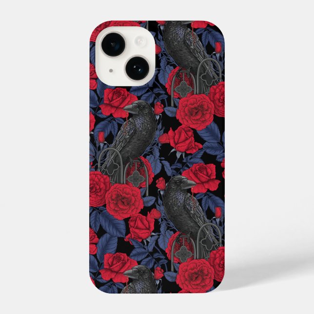 Ravens und Rose mit dunkelblauen Blätter iPhone 14 Hülle (Rückseite)
