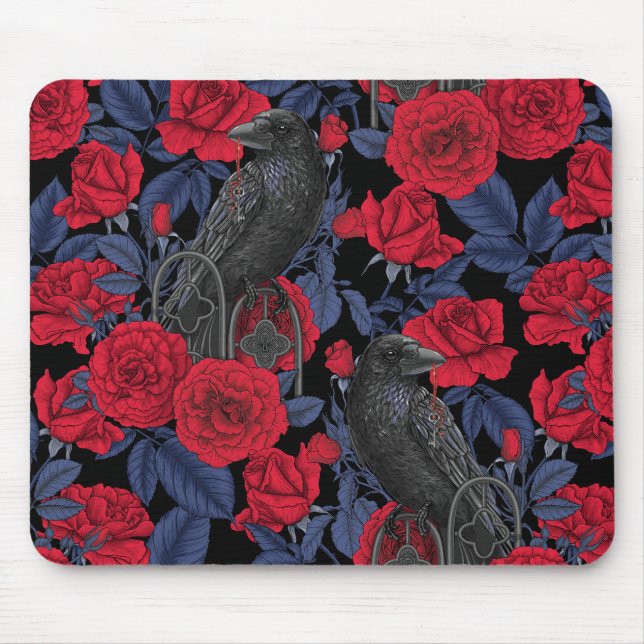 Ravens und Rose mit dunkelblauen Blätter Mousepad (Vorne)