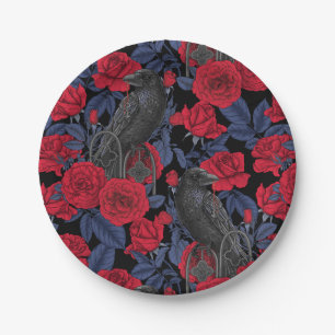 Ravens und Rose mit dunkelblauen Blätter Pappteller