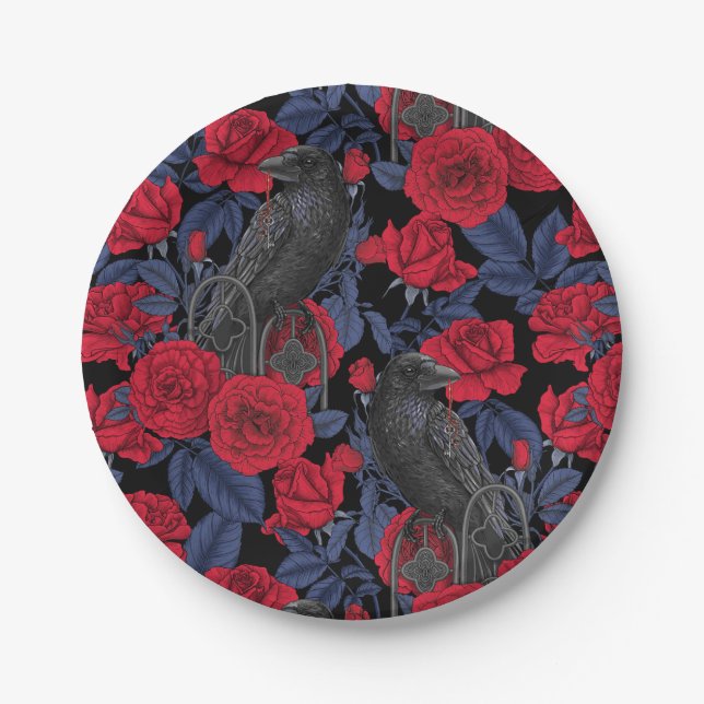 Ravens und Rose mit dunkelblauen Blätter Pappteller (Vorderseite)