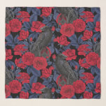 Ravens und Rose mit dunkelblauen Blätter Schal<br><div class="desc">Handgemaltes Musterdesign mit ravenbeschnittenem Einschlag auf einem Metallzaun mit einer Taste auf einem Band in seinen Rechnungen und rote Rosen</div>