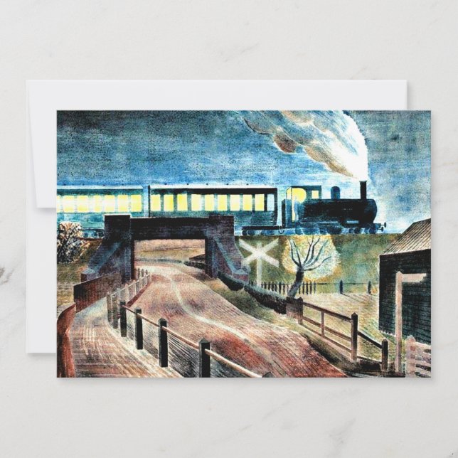 Ravilious Art, Zug über Brücke bei Nacht Karte (Vorderseite)