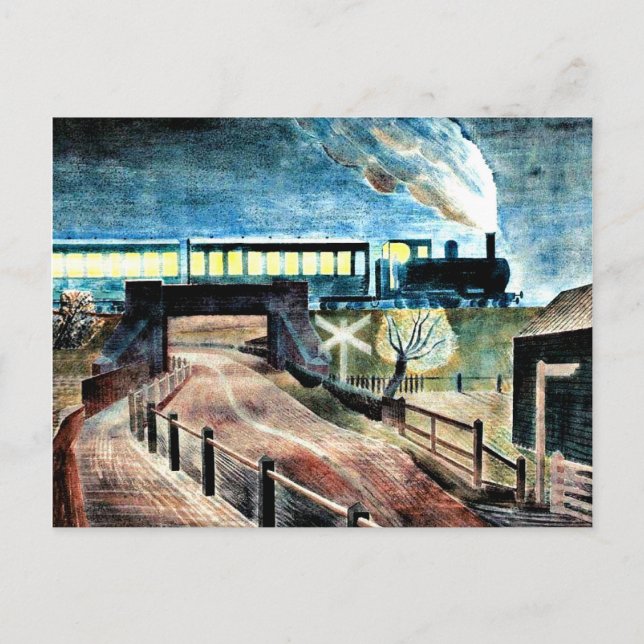 Ravilious Art, Zug über Brücke bei Nacht Postkarte (Vorderseite)