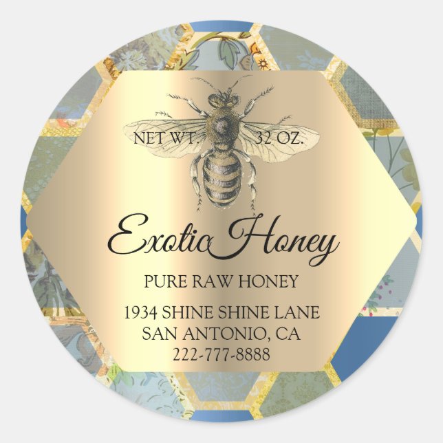Raw Honey Jar Honeybee Honeycomb Bee Apiary Blue Runder Aufkleber (Vorderseite)