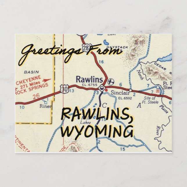 Rawlins WY Vintage Karte (Vorderseite)
