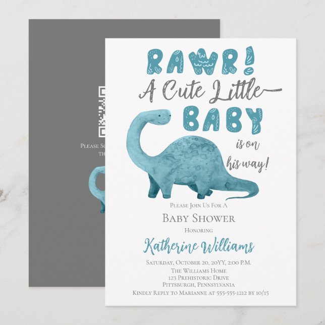 Rawr Blue Dinosaur QR Code Baby shower Invitation (Devant / Derrière)