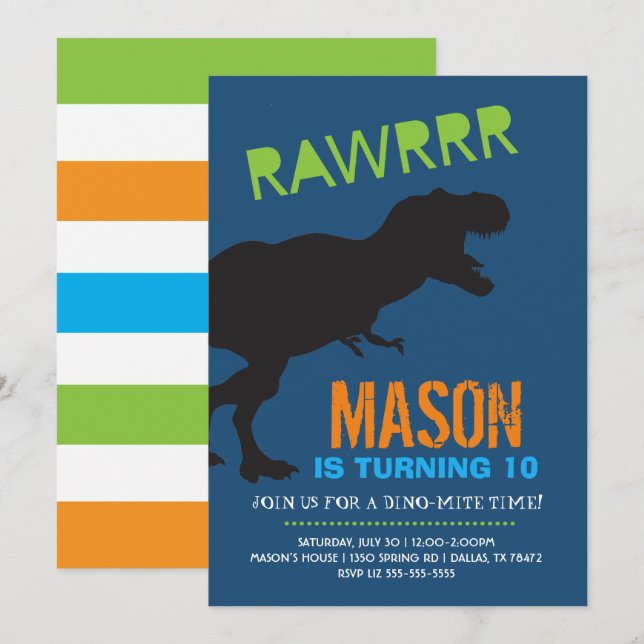 Rawr Dinosaur Boy Invitation de fête d'anniversair (Devant / Derrière)