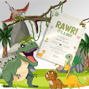 RAWR! Es ist ein Junge - Niedliche Dinosaurier Bab Einladung