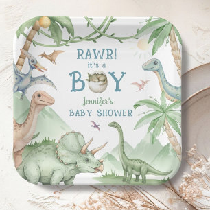 Rawr Junge Dinosaurier-Baby-Party Pappteller