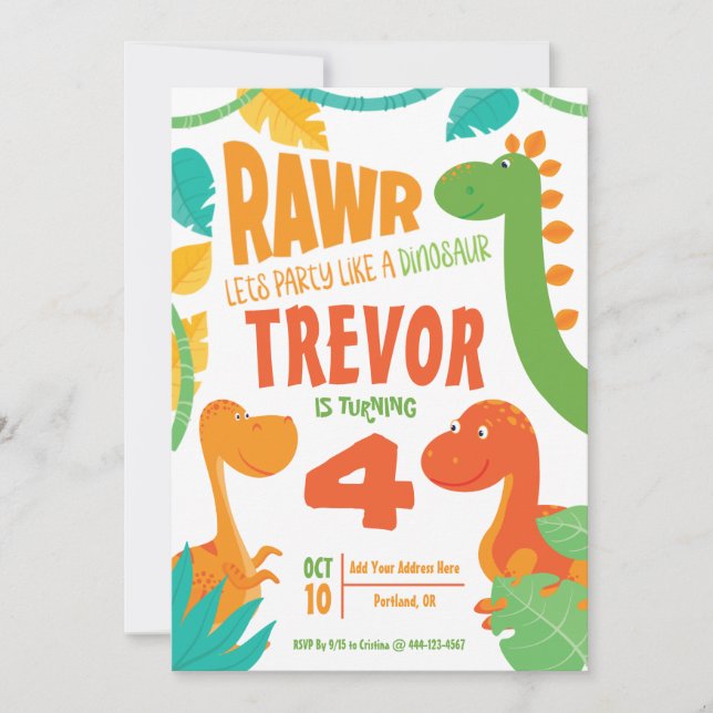 Rawr Lasse Party wie ein Dinosaurier - Personalisi Einladung (Vorderseite)