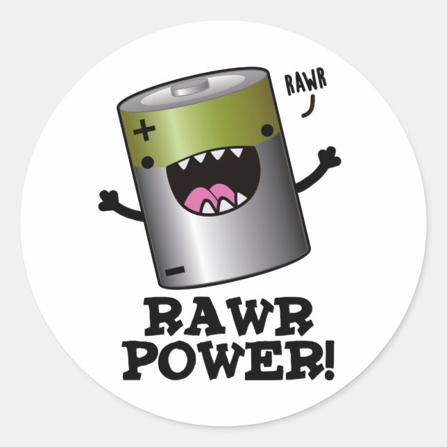 Rawr Power Funny Battery Pun Runder Aufkleber (Vorderseite)