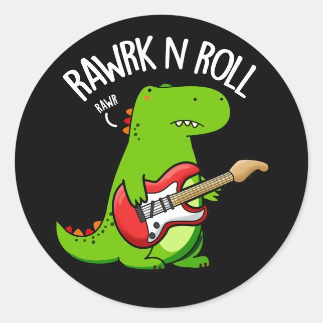 Rawrk and Roll Funny Rocker Dinosaur Pun Dark BG Runder Aufkleber (Vorderseite)