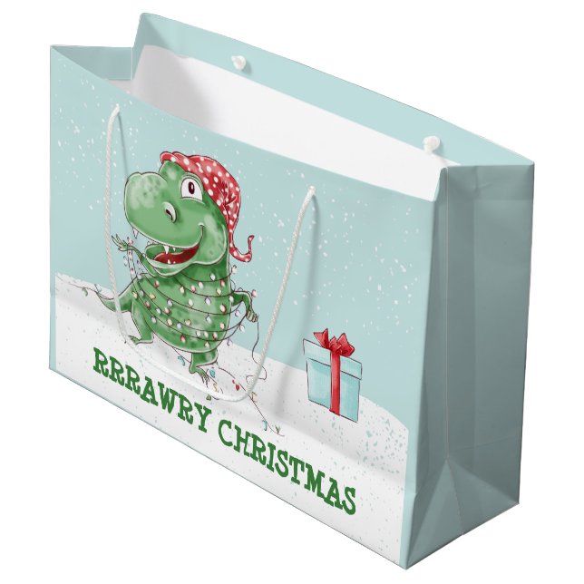 Rawry Christmas Dinosaur Holiday Große Geschenktüte (Vorderseite Schrägansicht)