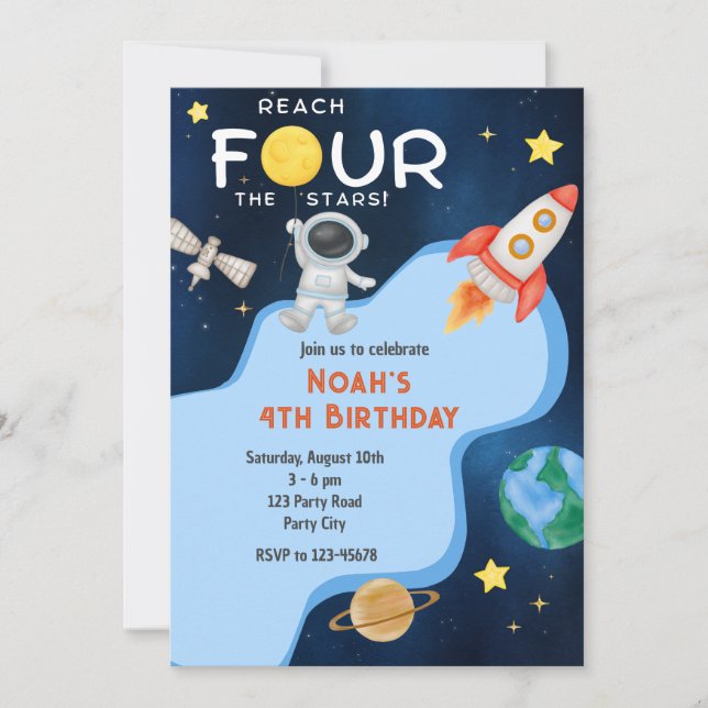 Reach Four The Stars 4th Birthday Invitation Space Einladung (Vorderseite)