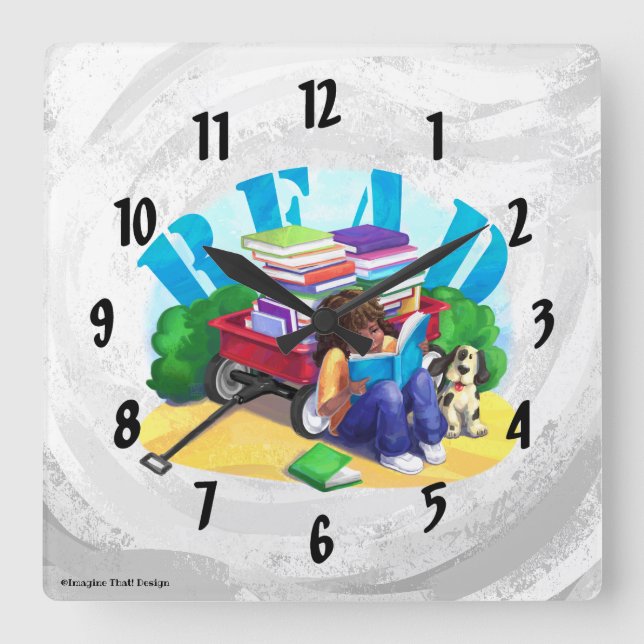 READ Book Wagon Art Square Wall Clock Quadratische Wanduhr (Vorderseite)