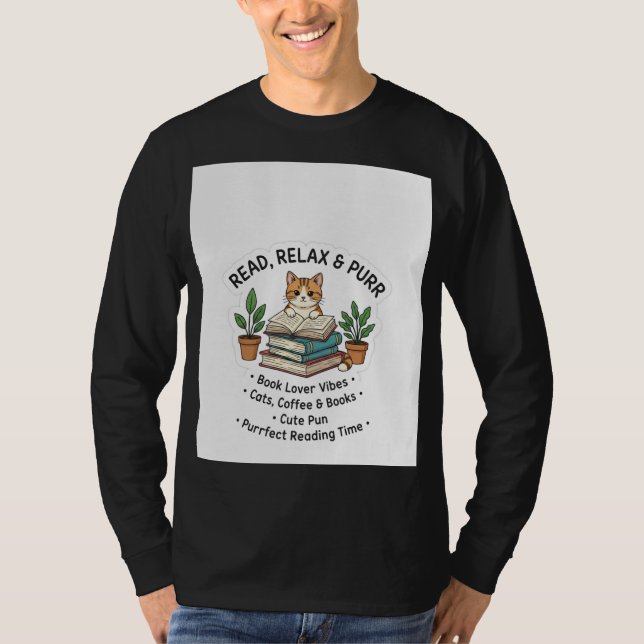 Read, Relax & Purr Cat Reading T-Shirt | Book Love (Devant)