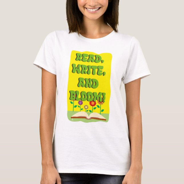 Read Write Bloom Cool Bookworm Slogan T-Shirt (Vorderseite)