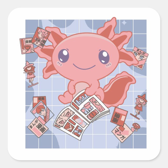 Readalotl Axolotl Lovers Sweet Animals Mangas Squa Quadratischer Aufkleber (Vorderseite)