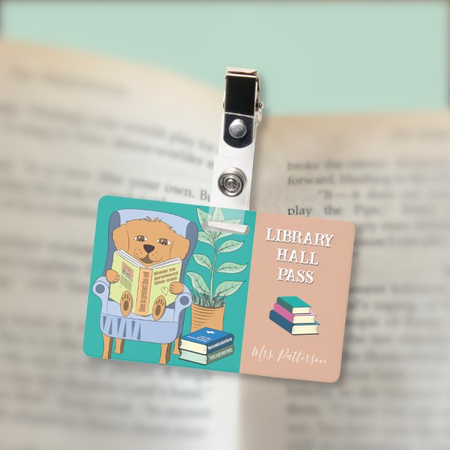 Reading Dog Horizontal Library Hall Pass Badge Ausweis (Cartoon reading dog horizontal library hall pass badge .)