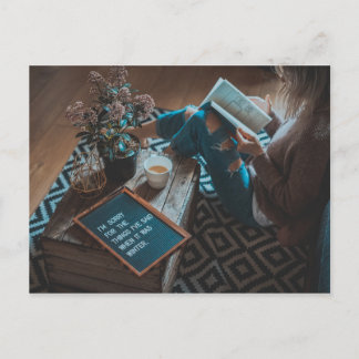 reading with a cup of tea literary postkarte