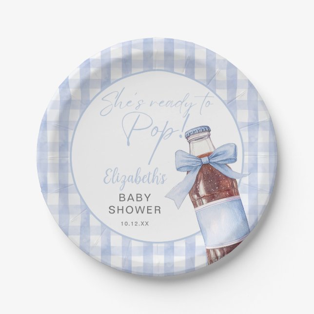 Ready To Pop Blue Bow Soda Bottle Baby Shower Pappteller (Vorderseite)