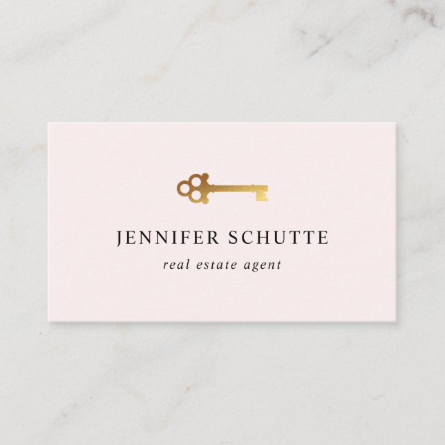 Real Anwesen Agent Blush Pink Gold Key Luxe Modern Visitenkarte (Vorderseite)