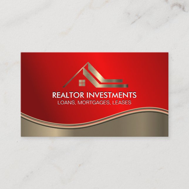 Real Anwesen Agent | Gold Ruby Red Metallic Wave Visitenkarte (Vorderseite)