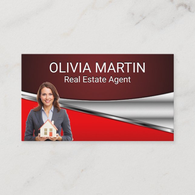 Real Anwesen Agent Holding House | Red Metallic Visitenkarte (Vorderseite)