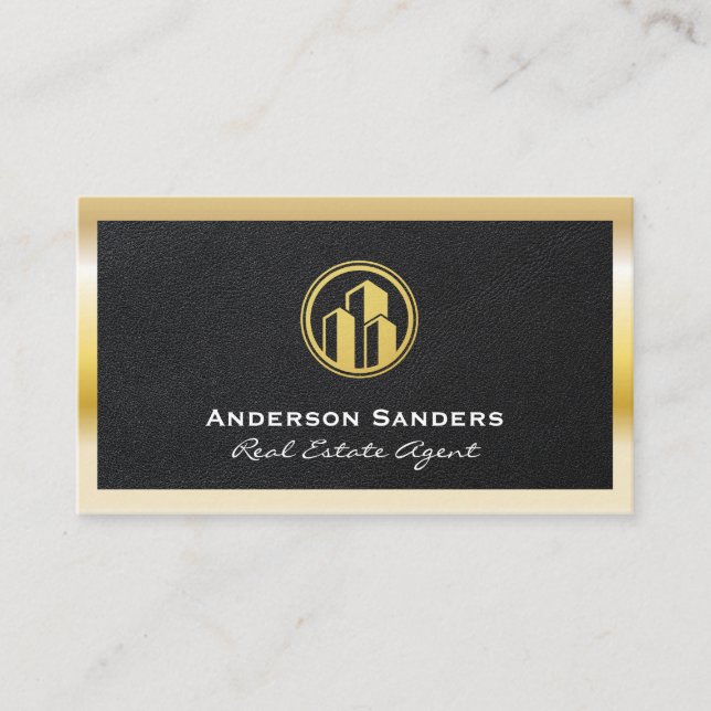 Real Anwesen Agent | Leder | Gold-Metallrahmen Visitenkarte (Vorderseite)