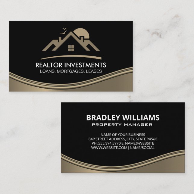 Real Anwesen Agent | Metallic Wave Business Card Visitenkarte (Vorne/Hinten)