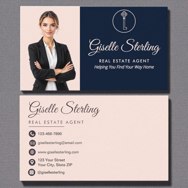 Real Anwesen Agent Navy Blue Blush Pink Foto Visitenkarte (Von Creator hochgeladen)