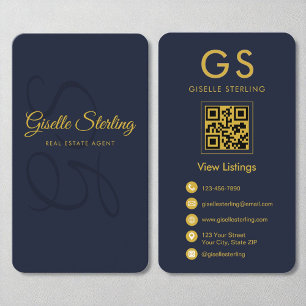 Real Anwesen Agent Navy Blue Gold QR Code Monogram Visitenkarte