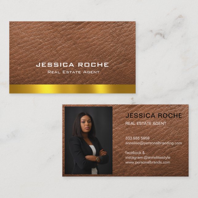 Real Anwesen Agent Realtor Brown Gold Custom Foto Visitenkarte (Vorne/Hinten)