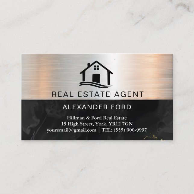 Real Anwesen Agent silber Metallic Gold Marmor Visitenkarte (Vorderseite)