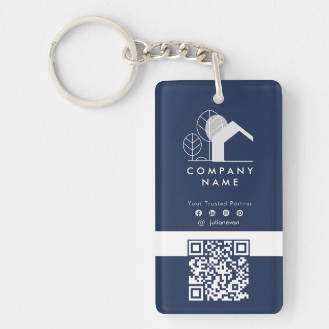 Real Anwesen Company Navy Blue und White Qr Code Schlüsselanhänger (Vorderseite)