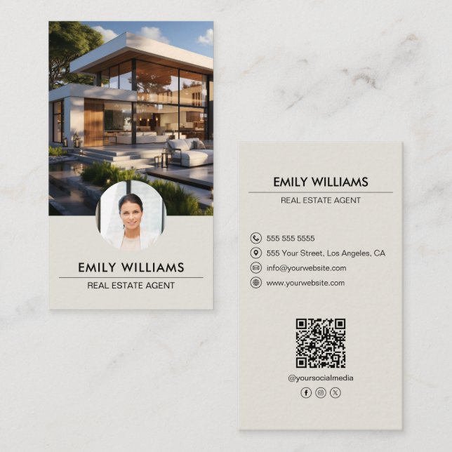 Real Anwesen Custom Foto QR Code Social Media Visitenkarte (Vorne/Hinten)