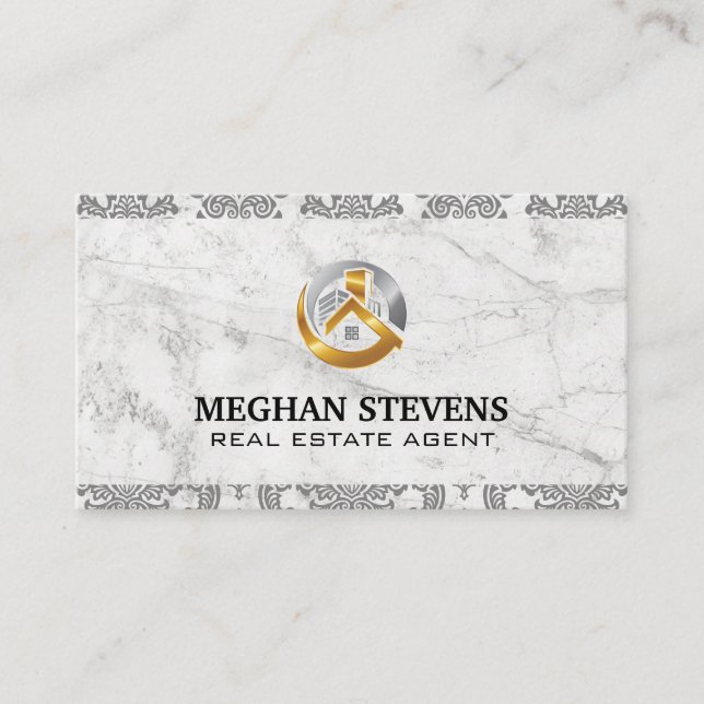Real Anwesen Gold Silber Logo | Damask Marble Terminkarte (Vorderseite)