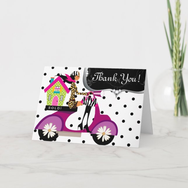 Real Anwesen House Scooter Girl Dots Vielen Dank Dankeskarte (Vorderseite)