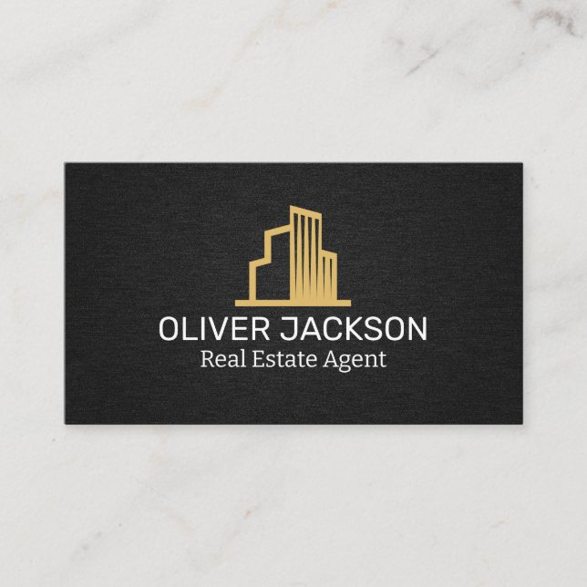 Real-Anwesen-Logo | Hintergrund schwarzer Linen Visitenkarte (Vorderseite)
