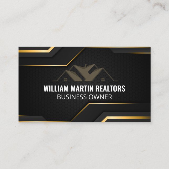 Real-Anwesen-Logo | Metallic Gold Geometric Black Visitenkarte (Vorderseite)