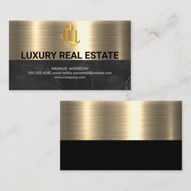Real-Anwesen-Logo | Metallisches Gold-Schwarz-Marm Visitenkarte (Vorne/Hinten)