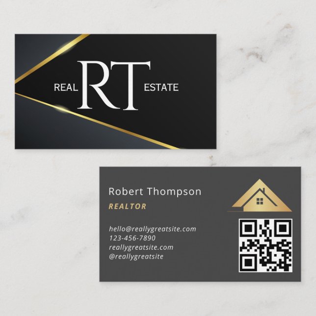 Real Anwesen Navy & Gold Realtor QR-Code Visitenkarte (Vorne/Hinten)