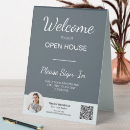 Real Anwesen Open House-Sign in QR-Code-Tabellensi Tischaufsteller
