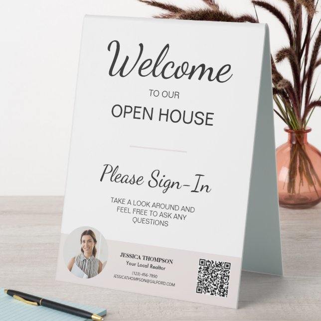 Real Anwesen Open House-Sign in QR-Code-Tabellensi Tischaufsteller (In Situ (Tisch))