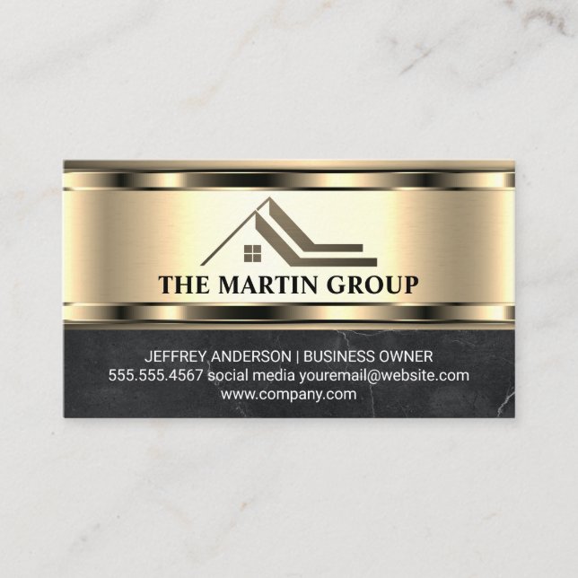 Real Anwesen Roof Logo | Metallisches Gold-Marmor Visitenkarte (Vorderseite)