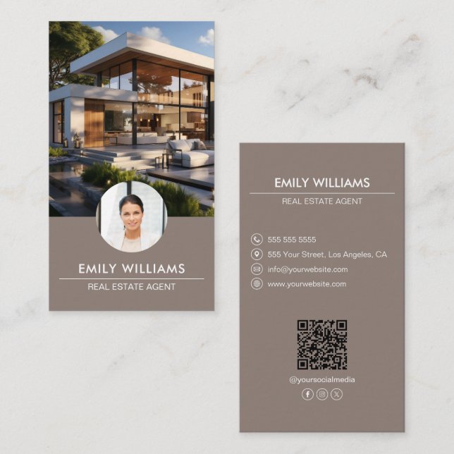 Real Anwesen Taupe Foto QR Code Social Media Visitenkarte (Vorne/Hinten)